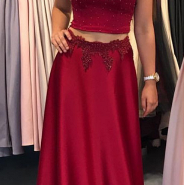 Two Piece Prom Dress,long Satin Gowns,burgundy..