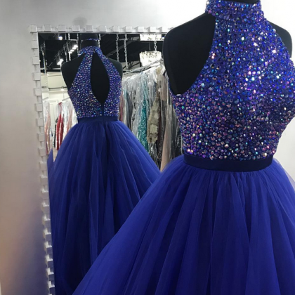 Royal Blue Tulle High Neck Prom Ball Gown Dresses..