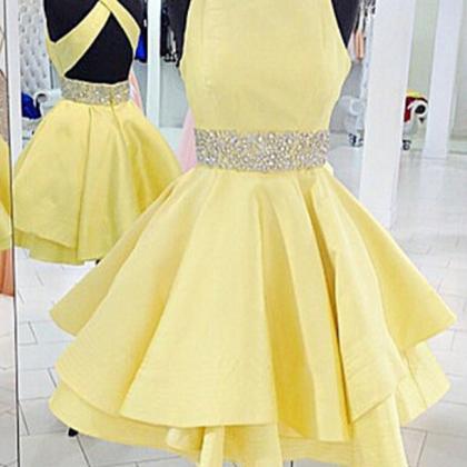 Yellow Cross Back Homecoming Dress, Short Cute..