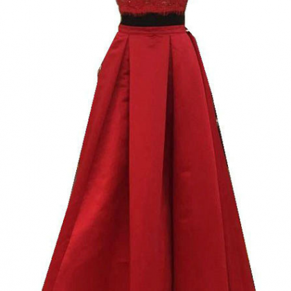 Fashion Lace Satin Floor Length Red Long Evening Dresses Autumn Formal ...