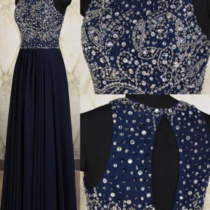Navy Blue Prom Dresses,elegant Beading Evening..