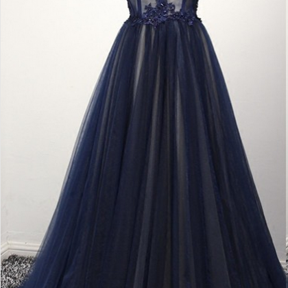 Real Image Simple Strapless Floor-length Navy Blue..