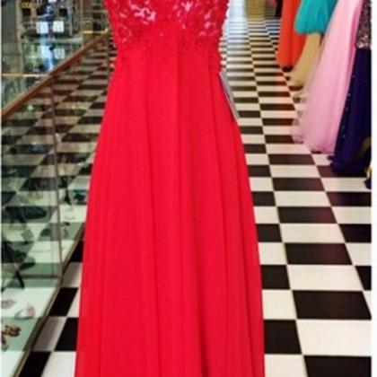 Open Back Long Red Chiffon Prom Dress With Lace..