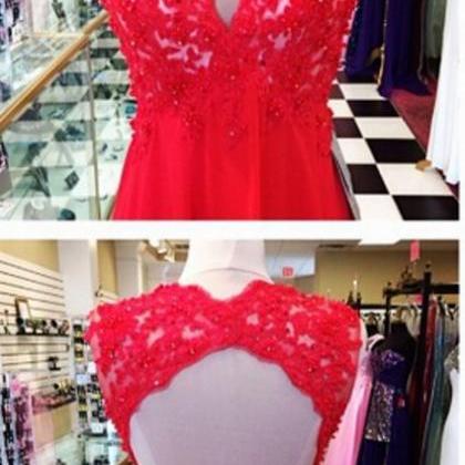 Open Back Long Red Chiffon Prom Dress With Lace..