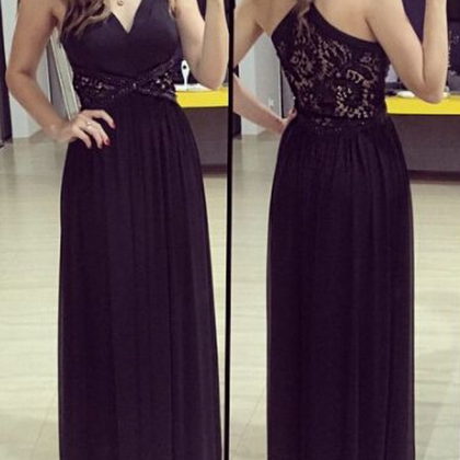 Sexy Long V-neck Prom Dress, Black Lace Prom..