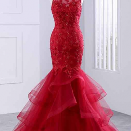 ,red Prom Dresses ,lace Prom Dress,mermaid Prom..
