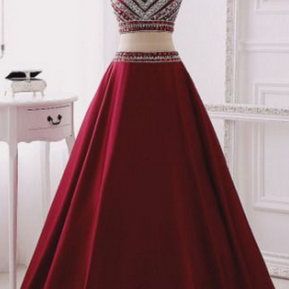 Long Two Pieces Prom Dress With Beaded Halter Neck..