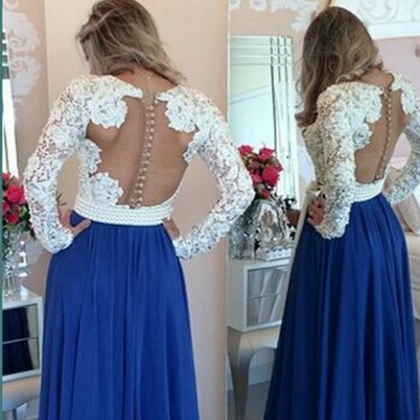 Long Sleeves Lace Pearls Chiffon Prom Dresses
