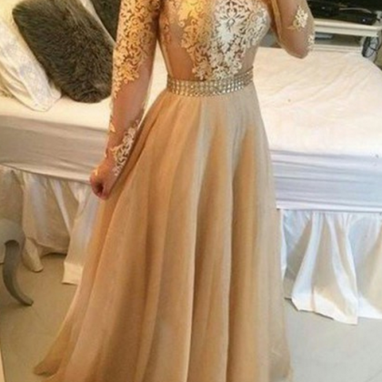 Appliques Gold Prom Dresses, Floor-length Prom..