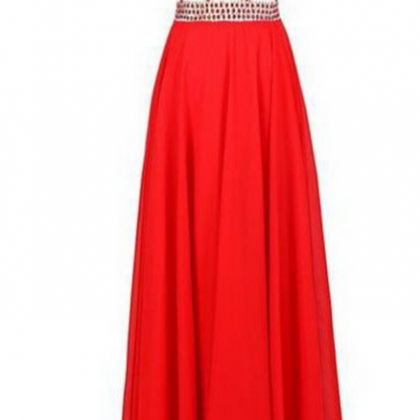 Red Long Jewel Sheath/column Chiffon Prom Dresses