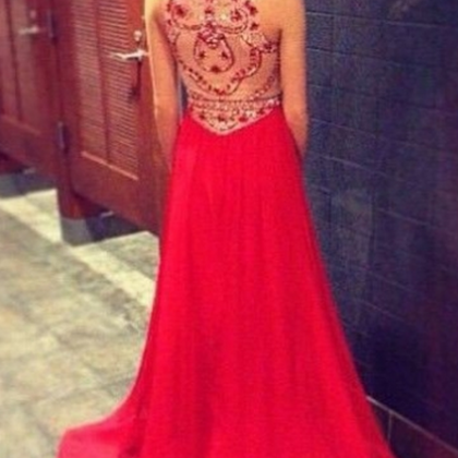 Red Long Jewel Sheath/column Chiffon Prom Dresses