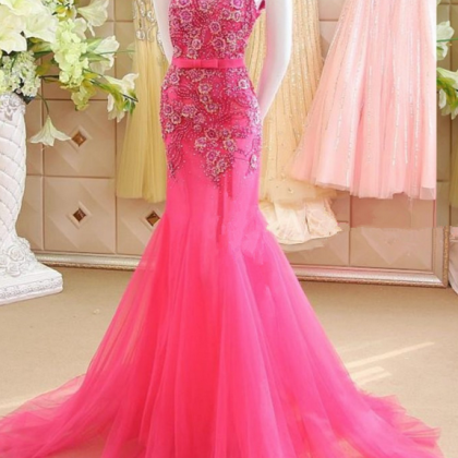 Pink Mermaid Scoop Appliques Tulle Prom Dress With..