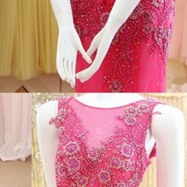 Pink Mermaid Scoop Appliques Tulle Prom Dress With..