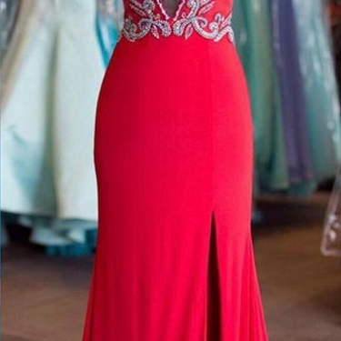 Red Plunging V Beaded Mermaid Long Prom Dress,..