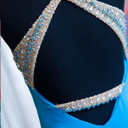 Blue Beading Halter Side-slit Satin Prom Dresses