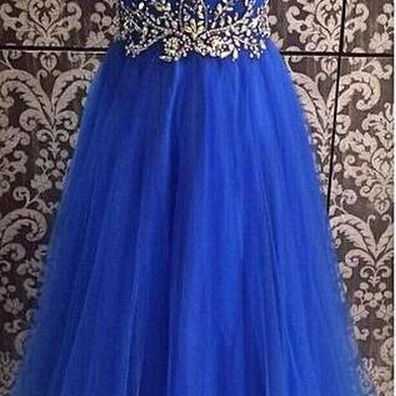 Beading Royal Blue Prom Dress, Open Back Prom..