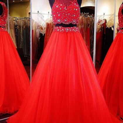 Red 2 Pieces Prom Dress ,sexy Tulle Evening Gown,..