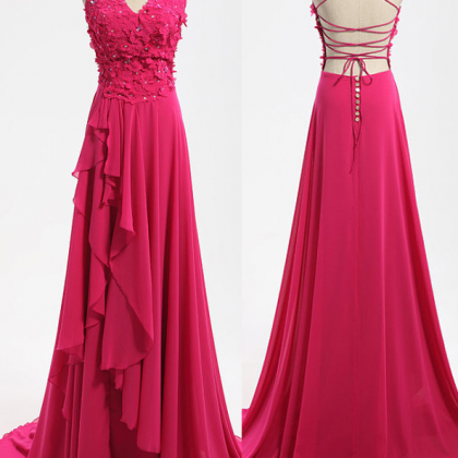 Pink Floor Length Chiffon A-line Ruffle Prom Dress..