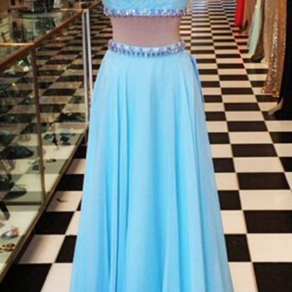 A Line Chiffon Turquoise Two Pieces Prom Dresses..