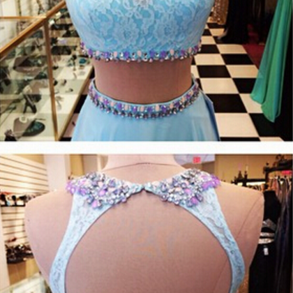 A Line Chiffon Turquoise Two Pieces Prom Dresses..
