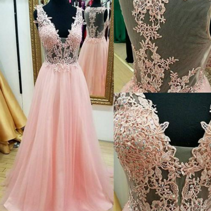 Pink A-line V Neck Appliques Tulle Long Prom Dress..