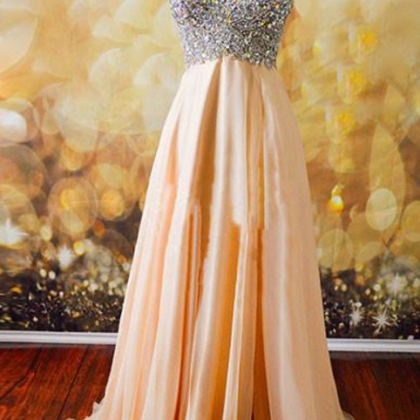 Champagne A-line V Neck Beaded Chiffon Long Prom..