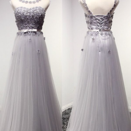 Long A-line Tulle Prom Gown Featuring Floral..
