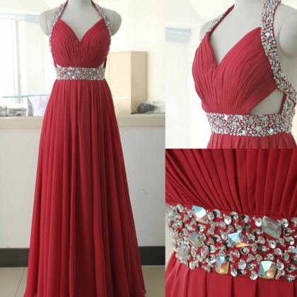 Halter Ruched Chiffon A-line Floor-length Prom..