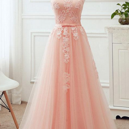 Pink Long Unique Round Neck Tulle Lace Applique Formal Prom Dress main image 1