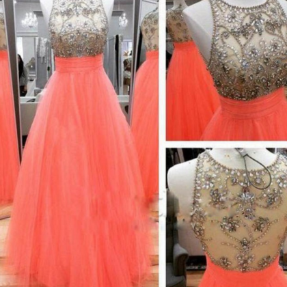 Long Coral Tulle Prom Dress With Beaded Illusion..