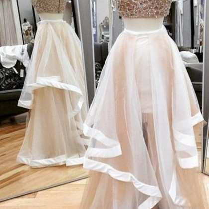 Two-piece Prom Dress With Tiered Skirt Beaded Top