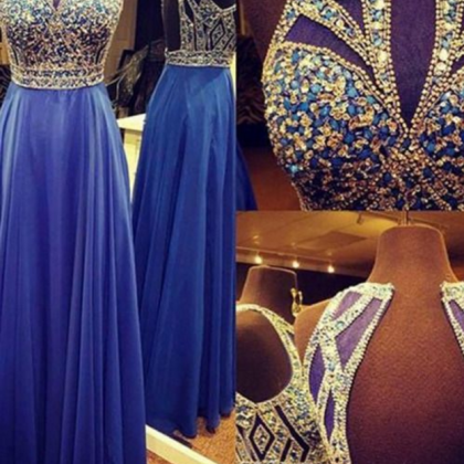 Royal Blue Beaded Prom Dress With Keyhole Back ,..