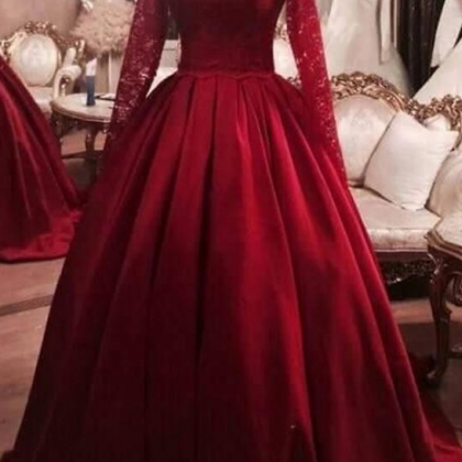 Wine Red Princess Ball Gown, Lace Long Sleeves,..
