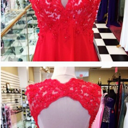An Open Red Chiffon Gown, Lace Bodice, Evening..