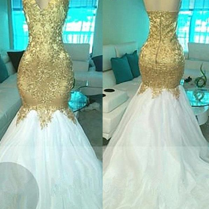 Champagne And White Bridle Mermaid Ball Gown.