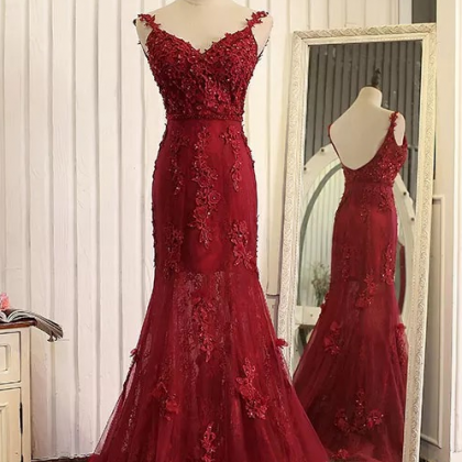 Burgundy Ball Gown With Red Lace.evening Dresses