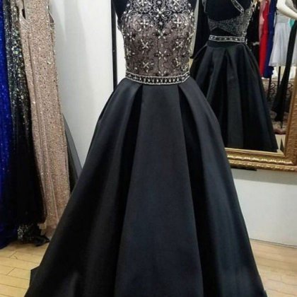 Black High Neck Lace Beads Long Prom Dress,evening..