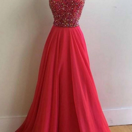 Red Chiffon Long Prom Dres With Beads