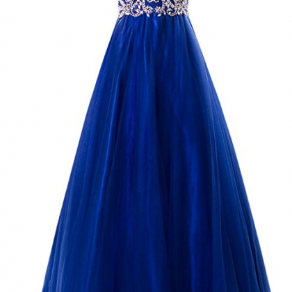 Long Royal Blue Prom Dress With Beaded Illusion..