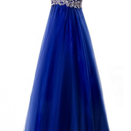 Long Royal Blue Prom Dress With Beaded Illusion..