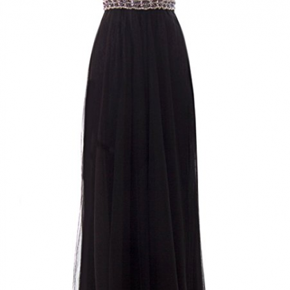 Illusion Neck Beaded Floor Length Black Prom Dress..