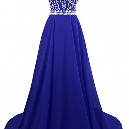 Long Royal Blue Chiffon Prom Dress With Jeweled..
