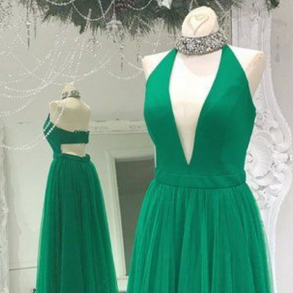 Emerald Green Beaded Halter Party Dress
