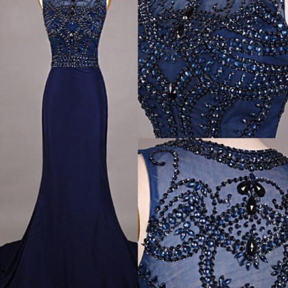 Navy Blue Prom Dresses,elegant Evening..
