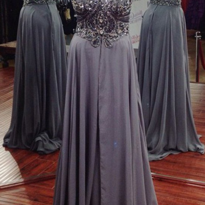 Gray A-line Prom Dresses,long Chiffon Beaded Prom..