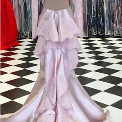 Pink Two Piece Prom Dress, Long Sleeve Mermaid..