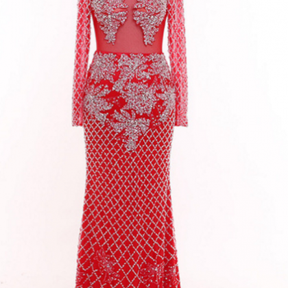 Red Sheer Sequins Beaded Mermaid Long Prom Dress,..