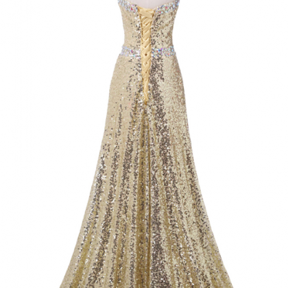 Gold Sequin Sweetheart Neckline Floor Length Prom..