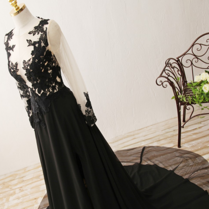 To The Black Chiffon Evening Gown Appliques..