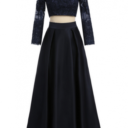Two-piece A - Ligne Long-sleeved Black Satin Lace..